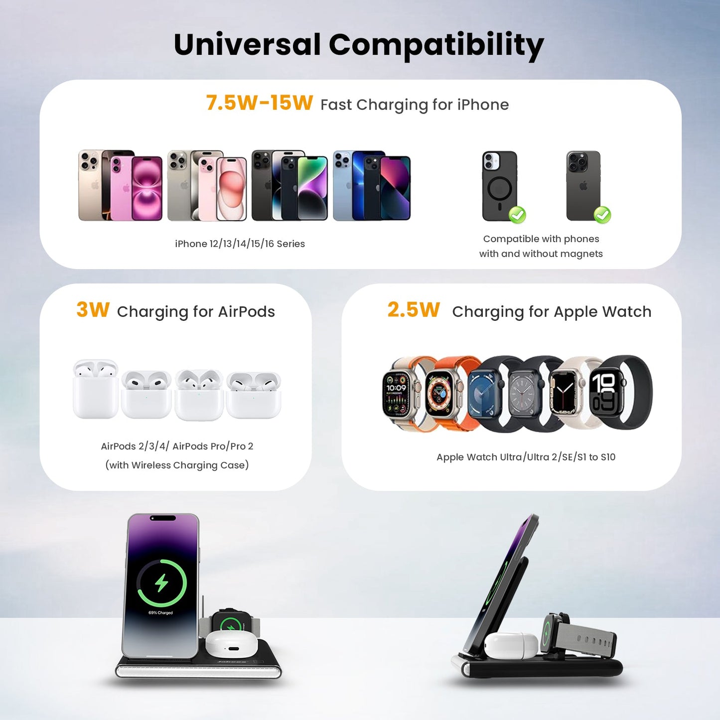 PowerGlow - Jabees PowerGlow 4-In-1 Foldable Wireless Charging Station with LED Night Light