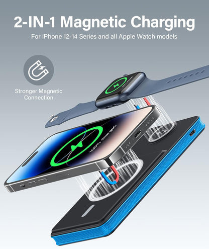 Magnetic Wireless Power Bank, 2 in 1 Foldable 10000Mah Portable Charger, External Battery Pack with USB-C Cable, 4 Outputs 2 Inputs,Compatible with Apple Watch/Iphone 14/13/12 Series(Blue)