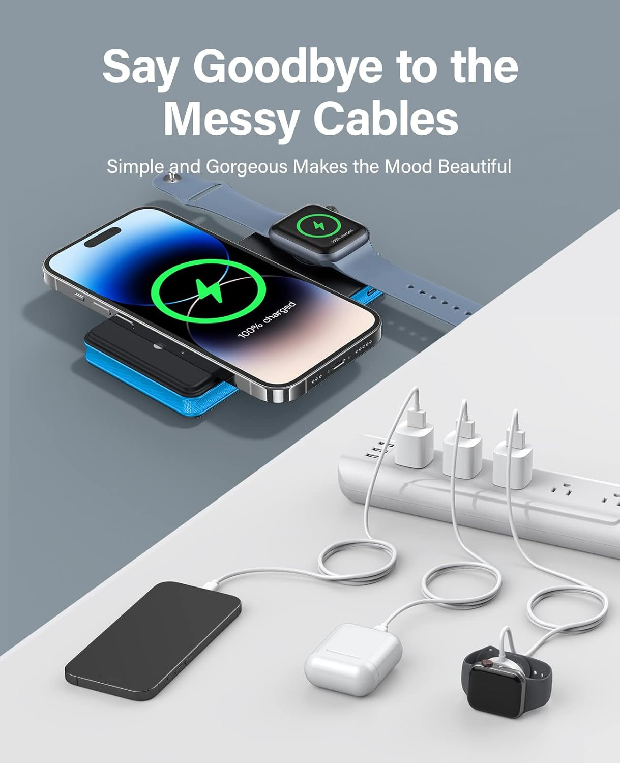 Magnetic Wireless Power Bank, 2 in 1 Foldable 10000Mah Portable Charger, External Battery Pack with USB-C Cable, 4 Outputs 2 Inputs,Compatible with Apple Watch/Iphone 14/13/12 Series(Blue)