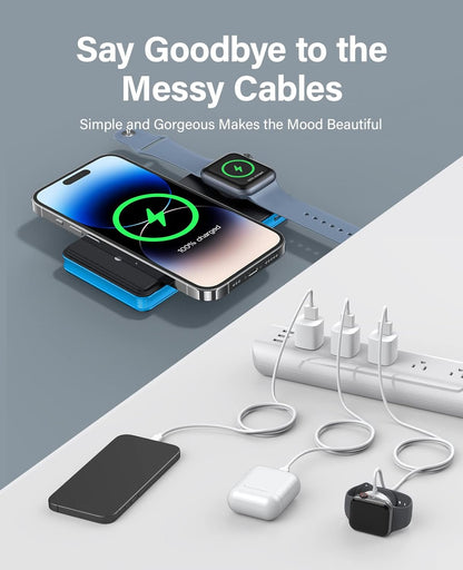 Magnetic Wireless Power Bank, 2 in 1 Foldable 10000Mah Portable Charger, External Battery Pack with USB-C Cable, 4 Outputs 2 Inputs,Compatible with Apple Watch/Iphone 14/13/12 Series(Blue)