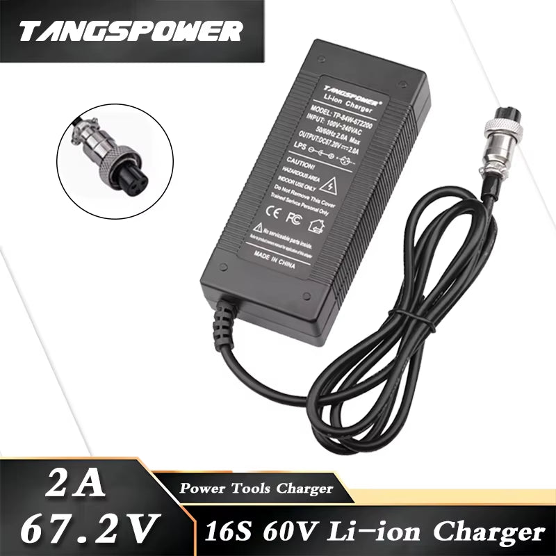 67.2V 2A Lithium Battery Charger for 16S 60V Li-Ion Battery Pack Fast Charging 3Pin-Gx16 Connector Electric Bicycle Charger