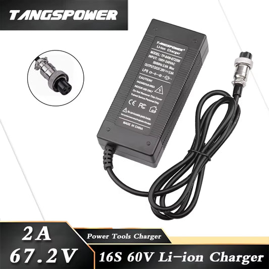 67.2V 2A Lithium Battery Charger for 16S 60V Li-Ion Battery Pack Fast Charging 3Pin-Gx16 Connector Electric Bicycle Charger