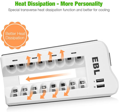 AAA Rechargeable Batteries with Battery Charger Combo - AAA Battery 8 Packs 1.2V Nimh with Smart Individual Household Battery Charger