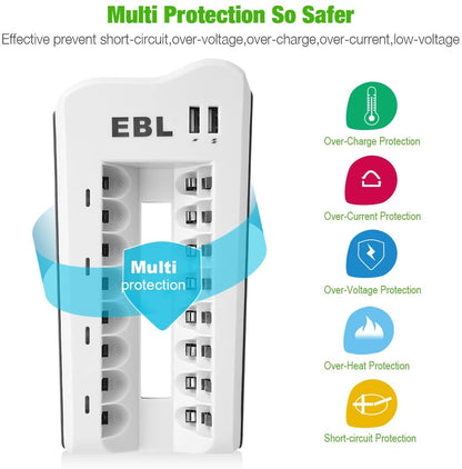 AAA Rechargeable Batteries with Battery Charger Combo - AAA Battery 8 Packs 1.2V Nimh with Smart Individual Household Battery Charger