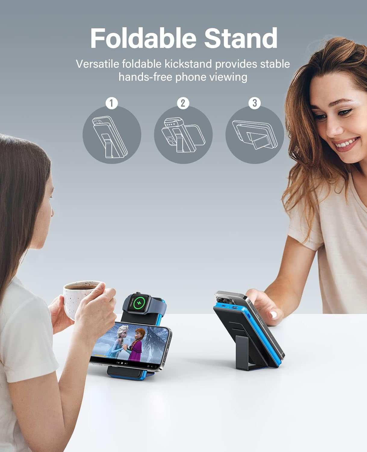 Magnetic Wireless Power Bank, 2 in 1 Foldable 10000Mah Portable Charger, External Battery Pack with USB-C Cable, 4 Outputs 2 Inputs,Compatible with Apple Watch/Iphone 14/13/12 Series(Blue)