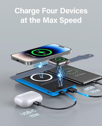 Magnetic Wireless Power Bank, 2 in 1 Foldable 10000Mah Portable Charger, External Battery Pack with USB-C Cable, 4 Outputs 2 Inputs,Compatible with Apple Watch/Iphone 14/13/12 Series(Blue)