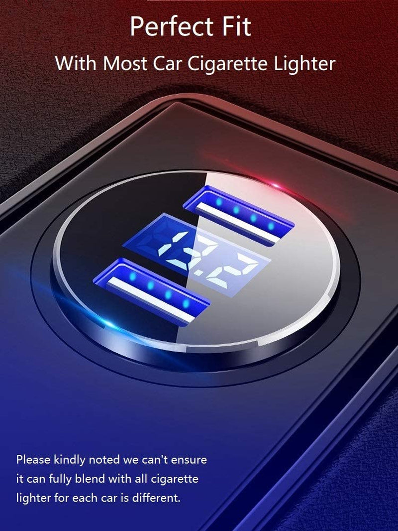 2 USB Car Charger,12V/24V Voltage Meter, Output 4.8A, Cigarette Lighter Plug Adapter Compatible with Iphone,Ipad, Samsung, USB Charging Devices, Black